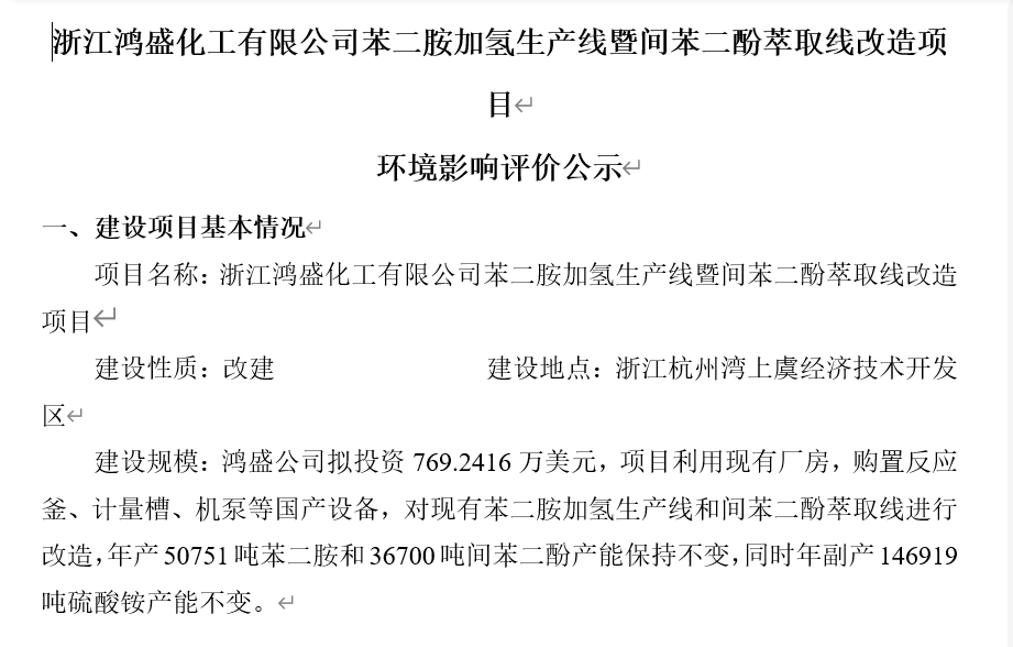 浙江鸿盛化工有限公司苯二胺加氢生产线暨间苯二酚萃取线改造项目环境影响评价公示